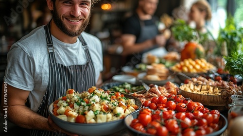 Smiling Chef Holding a Bowl of Roasted Potatoes and Tomatoes