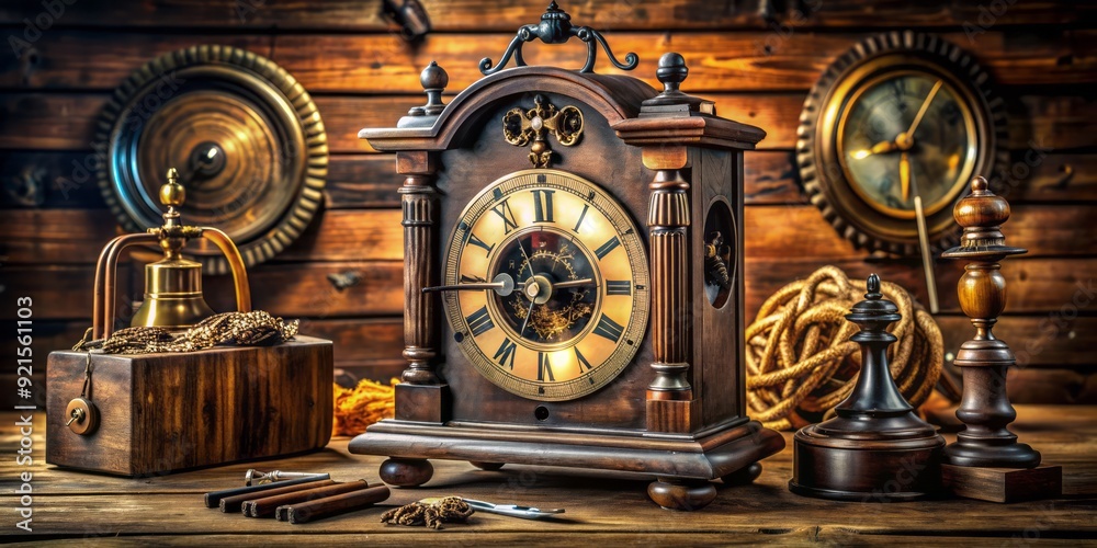Old-fashioned mechanical clock with intricately carved wooden case, Roman numerals, and ornate hands, sitting on a rustic wooden table, surrounded by vintage objects. Old-fashioned mechanical clock with intricately carved wooden case, Roman numerals, and ornate hands, sitting on a rustic wooden table, surrounded by vintage objects.