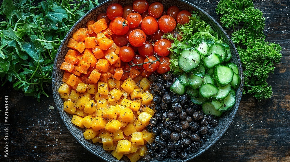 Bowl of Roasted Butternut Squash, Black Beans, Cherry Tomatoes, Cucumber, and Greens Bowl of Roasted Butternut Squash, Black Beans, Cherry Tomatoes, Cucumber, and Greens