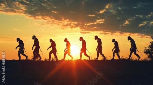 Human evolution. A study of the sequence of biological evolution of Homo sapiens. monkey, ape, ancient humans, modern humansShadows reflecting light when the sun sets. Silhouette concept