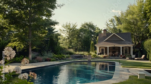 Aerial view of a swimming pool in a backyard with a beautiful landscaping.