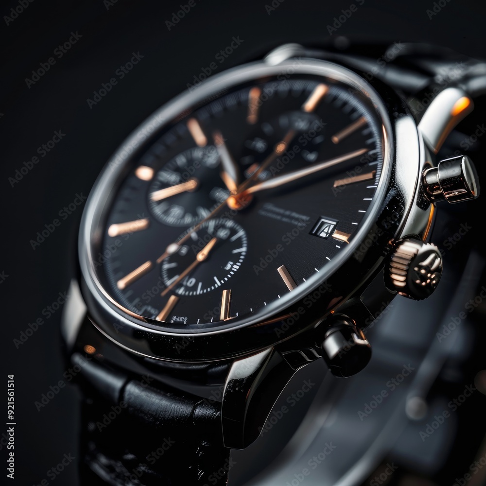 Luxury wristwatch on black background, close-up. Space for text Luxury wristwatch on black background, close-up. Space for text