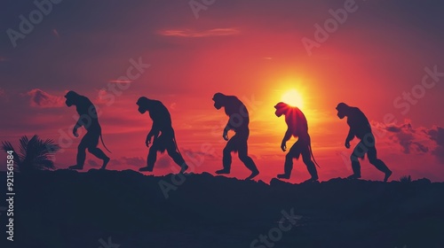 Human evolution. A study of the sequence of biological evolution of Homo sapiens. monkey, ape, ancient humans, modern humansShadows reflecting light when the sun sets. Silhouette concept