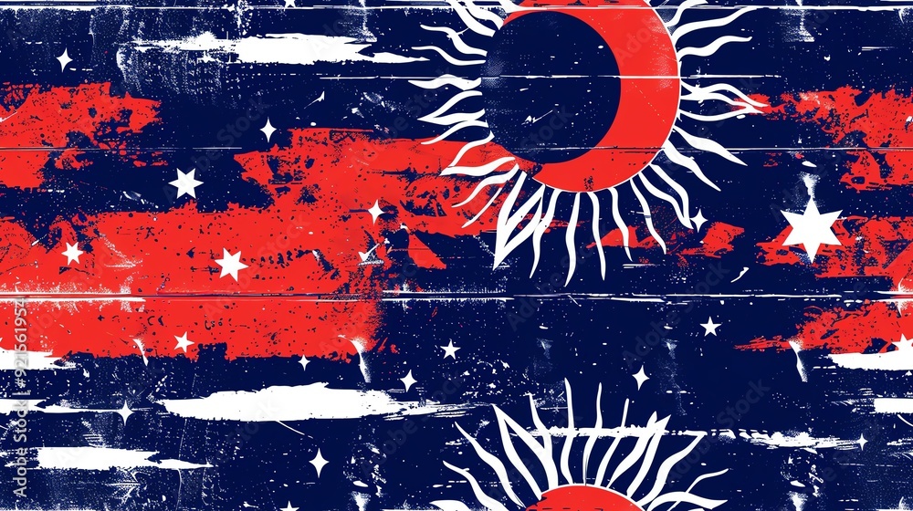 Obraz premium Minimalist seamless pattern of the Nepalese flag in a handdrawn style, illustrating a doublepennon with a white moon and sun on a crimson background with a blue border