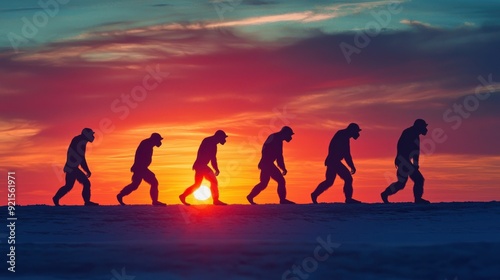 Human evolution. A study of the sequence of biological evolution of Homo sapiens. monkey, ape, ancient humans, modern humansShadows reflecting light when the sun sets. Silhouette concept
