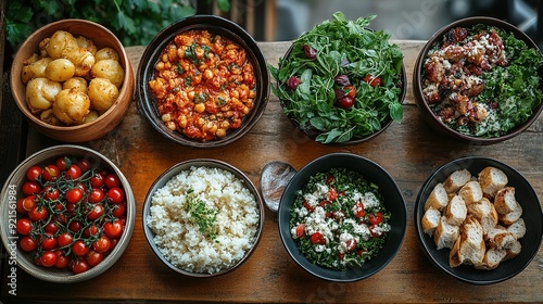 A Tabletop Arrangement of Various Dishes in Bowls