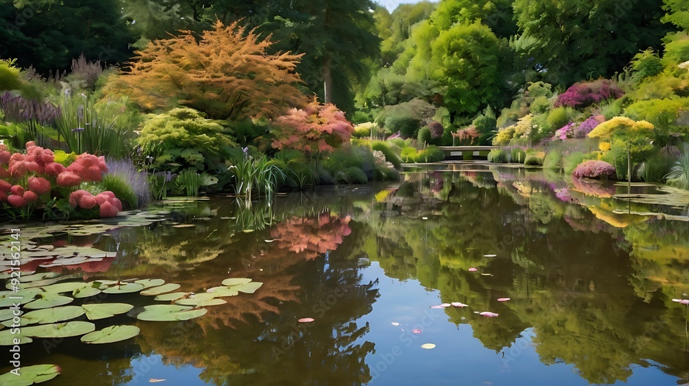 trees, flowers, and lily pads in the water. trees, flowers, and lily pads in the water.