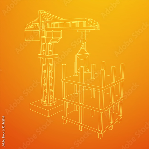 Construction crane tower. Building under construction industrial concept. Wireframe low poly mesh vector illustration.