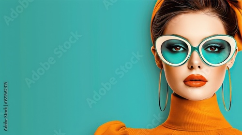 Chic retro woman in vibrant orange outfit and stylish teal sunglasses against a turquoise background. Modern fashion inspired by vintage elegance.