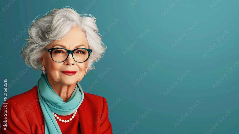 Elegant senior woman with grey hair and glasses, wearing a red suit and turquoise scarf, looking confidently at the camera against a teal background. Elegant senior woman with grey hair and glasses, wearing a red suit and turquoise scarf, looking confidently at the camera against a teal background.