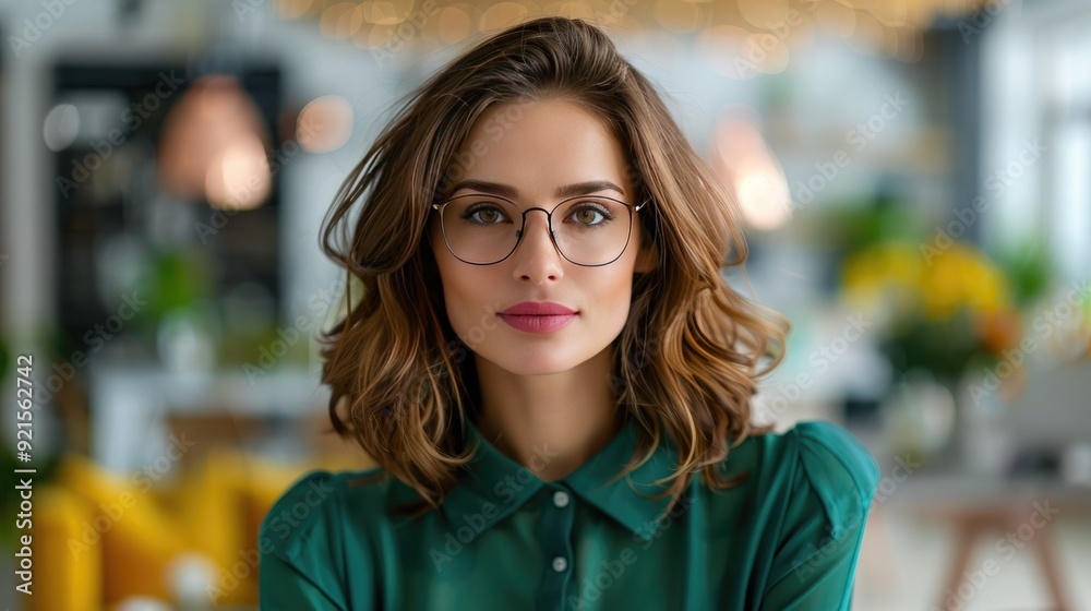 Portrait of a young woman with glasses and brown hair in a green shirt, sitting in a modern, brightly lit room with plants and furniture. Portrait of a young woman with glasses and brown hair in a green shirt, sitting in a modern, brightly lit room with plants and furniture.