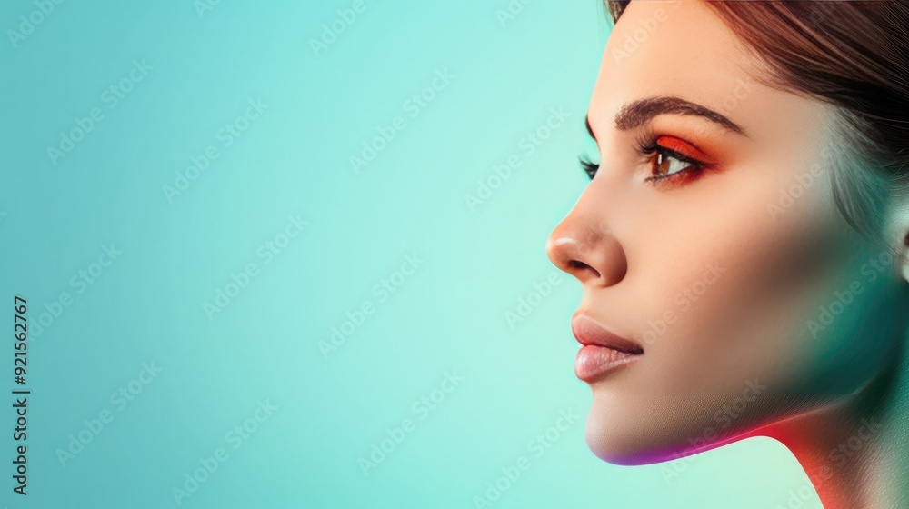 Side profile of a young woman with colorful makeup against a turquoise background. Beauty and fashion portrait highlighting facial features.