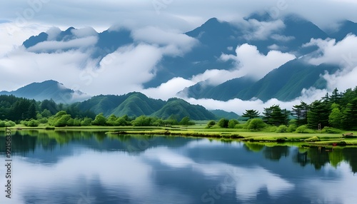 The tranquil lake surface of Shennongjia Dajiu Lake National Wetland Park and the distant green mountains are shrouded in clouds and mist, like a fairyland on earth. photo