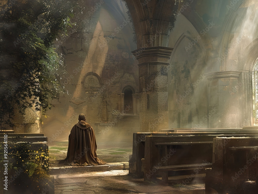 A depiction of a priest in deep contemplation A depiction of a priest in deep contemplation