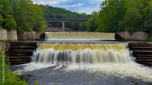 waterfall with a concrete dam in the foreground