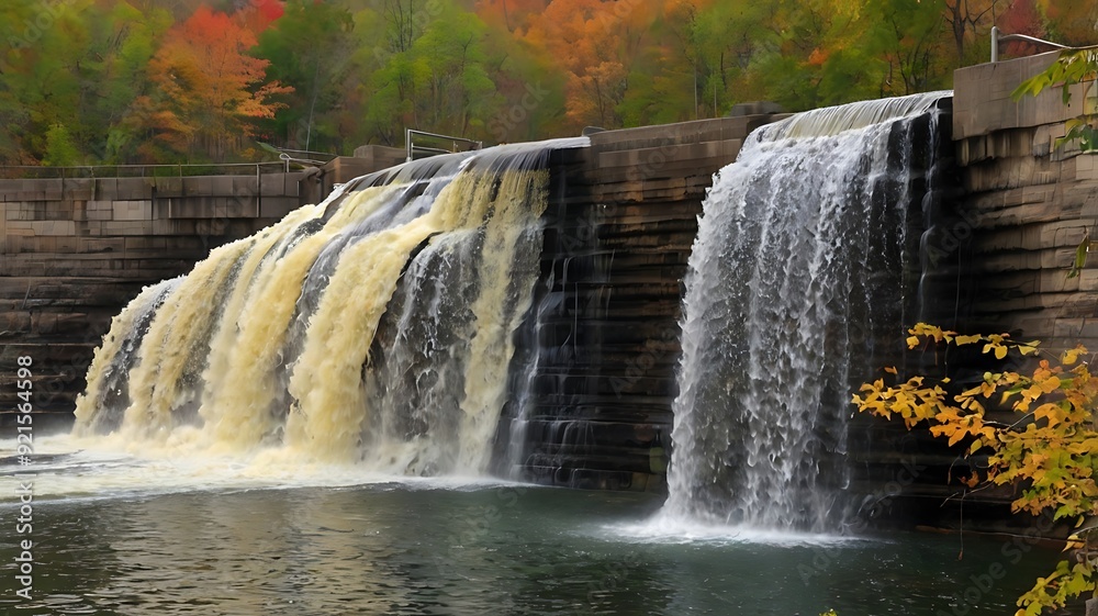 waterfall with a concrete dam in the foreground waterfall with a concrete dam in the foreground