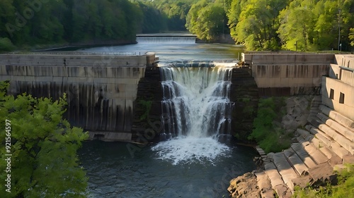 waterfall with a concrete dam in the foreground
