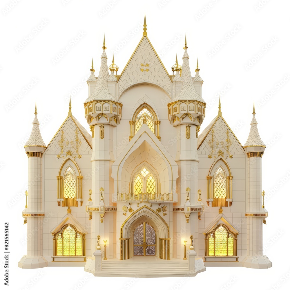 Obraz premium 3D Render, Low Poly style of regal castle hall with gold accents, on isolated white background