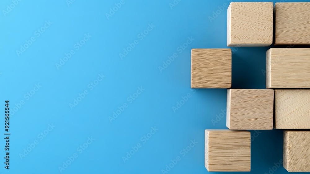 Minimalist wooden square layout this image features wooden blocks arranged in a creative layout against a blue background. Ideal for concepts of creativity, play, and education. Minimalist wooden square layout this image features wooden blocks arranged in a creative layout against a blue background. Ideal for concepts of creativity, play, and education.