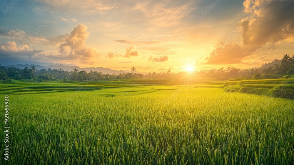 Golden Sunset Over Lush Rice Paddies Golden Sunset Over Lush Rice Paddies
