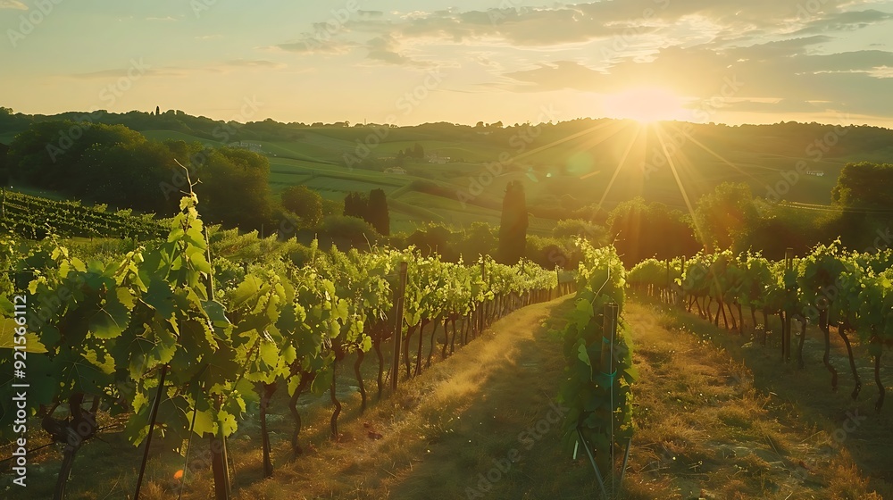 Fototapeta premium Bunch of ripe grapes in vineyard at sunset