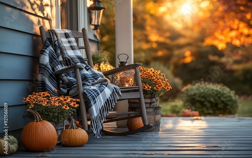 8. A front porch decorated for fall with pumpkins, lanterns, a cozy rocking chair with a plaid blanket, and potted mums in full bloom, all bathed in the golden light of the setting sun