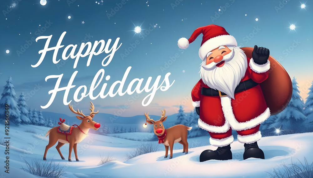Cheerful Santa with Reindeer in Snowy Winter Scene: Festive illustration of Santa with a gift bag and two reindeer in a snowy winter landscape with pine trees and starry sky. Cheerful Santa with Reindeer in Snowy Winter Scene: Festive illustration of Santa with a gift bag and two reindeer in a snowy winter landscape with pine trees and starry sky.