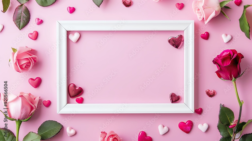 White frame set against a pink background, featuring Valentines Day decorations like hearts and roses, romantic and elegant White frame set against a pink background, featuring Valentines Day decorations like hearts and roses, romantic and elegant