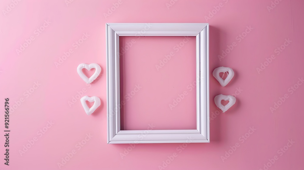 White picture frame set against a pink backdrop, Valentines Day motifs subtly integrated, creating a romantic atmosphere White picture frame set against a pink backdrop, Valentines Day motifs subtly integrated, creating a romantic atmosphere