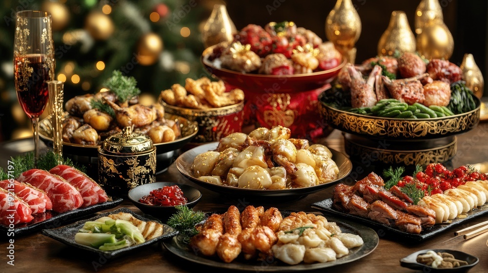 Festive Holiday Feast with Various Dishes and Christmas Decorations Festive Holiday Feast with Various Dishes and Christmas Decorations