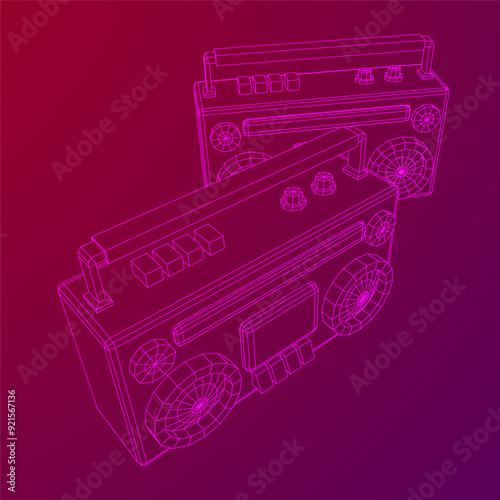 Retro Boombox outdated portable cassette tape recorder. Wireframe low poly mesh vector illustration.