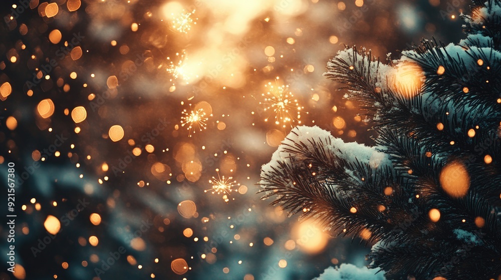 Festive Winter Wonderland: Snow-Covered Pine Branches and Warm Holiday Lights in Bokeh Festive Winter Wonderland: Snow-Covered Pine Branches and Warm Holiday Lights in Bokeh