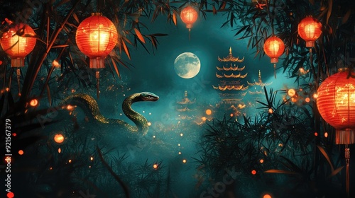 Mystical Nighttime Lantern Forest with Snake and Full Moon in Far East Asia photo