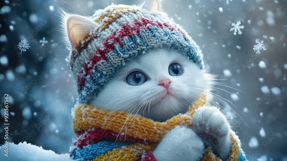 Obraz premium cat wearing colorful warm clothes and knitted hat, snow falling in winter forest