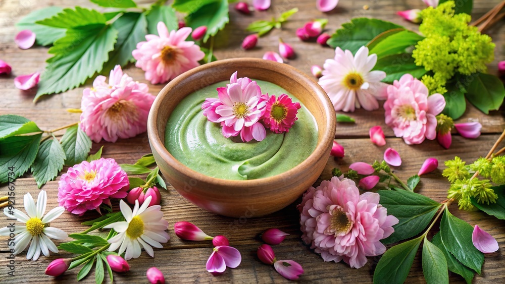 Delicate pink flowers surround a ceramic bowl holding a vibrant green cosmetic clay mask, surrounded by lush foliage and soft, natural light. Delicate pink flowers surround a ceramic bowl holding a vibrant green cosmetic clay mask, surrounded by lush foliage and soft, natural light.