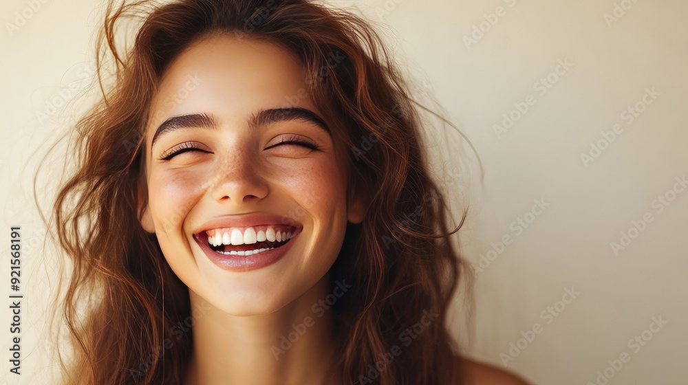 Cheerful Young Woman with Radiant Smile and Natural Makeup in Close-Up Portrait Cheerful Young Woman with Radiant Smile and Natural Makeup in Close-Up Portrait
