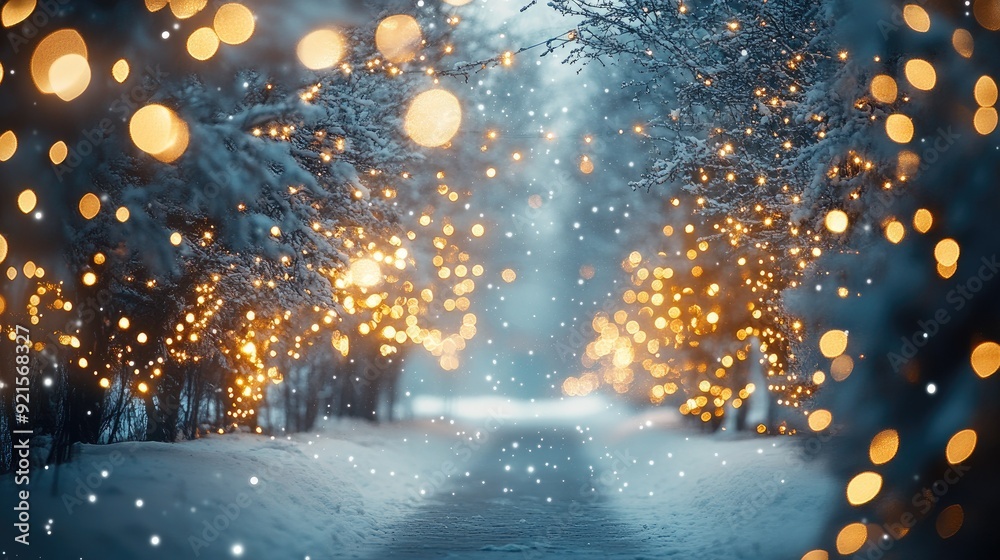 Naklejka premium Magical Winter Wonderland with Glowing Lights and Snow-Covered Trees