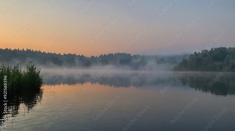 lake with a misty sunrise over the trees. lake with a misty sunrise over the trees.