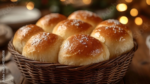 Warm basket of freshly baked dinner rolls