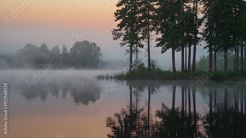  lake with a misty sunrise over the trees.