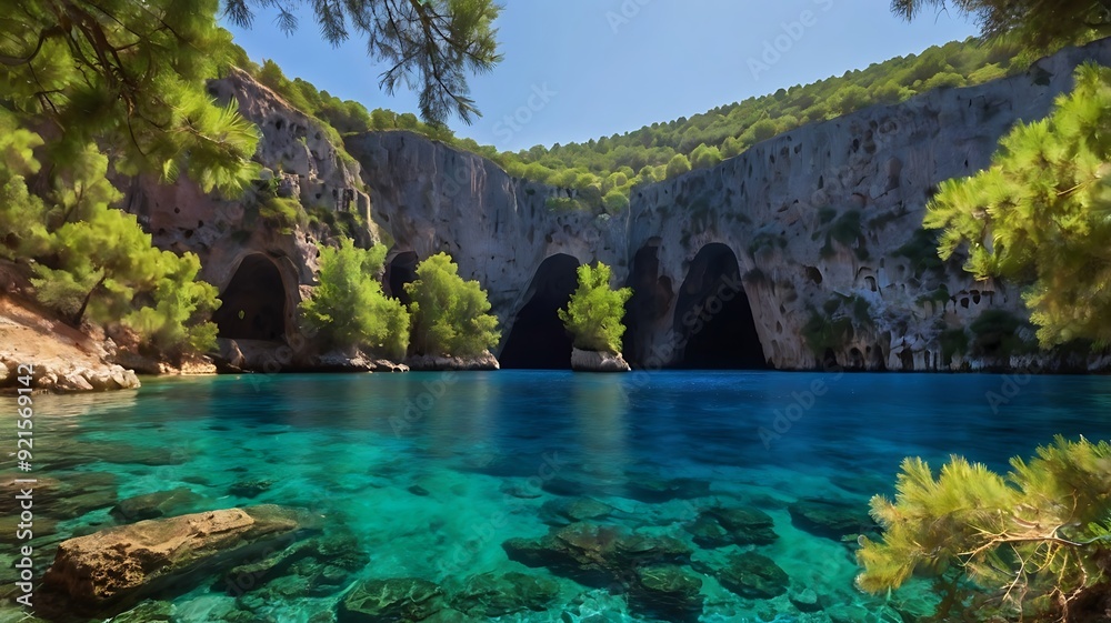 Fototapeta premium beautiful blue lake with caves and green trees.