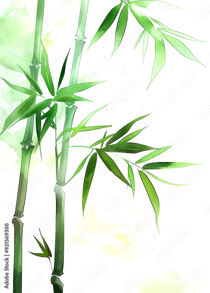Naklejka premium Close-up of vibrant green bamboo stalks and leaves against a dark background.