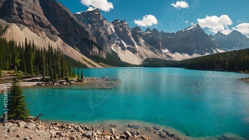 mountain lake with clear blue water, rocky shores 