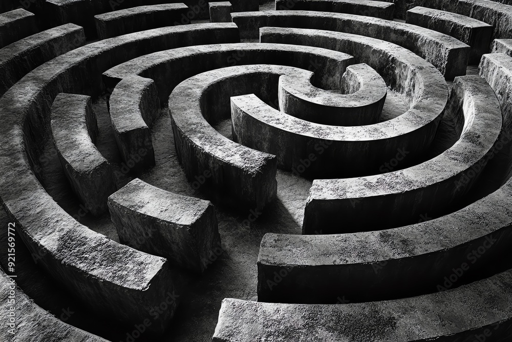Abstract black and white maze with intricate patterns, symbolizing complexity and the journey of exploration. Abstract black and white maze with intricate patterns, symbolizing complexity and the journey of exploration.