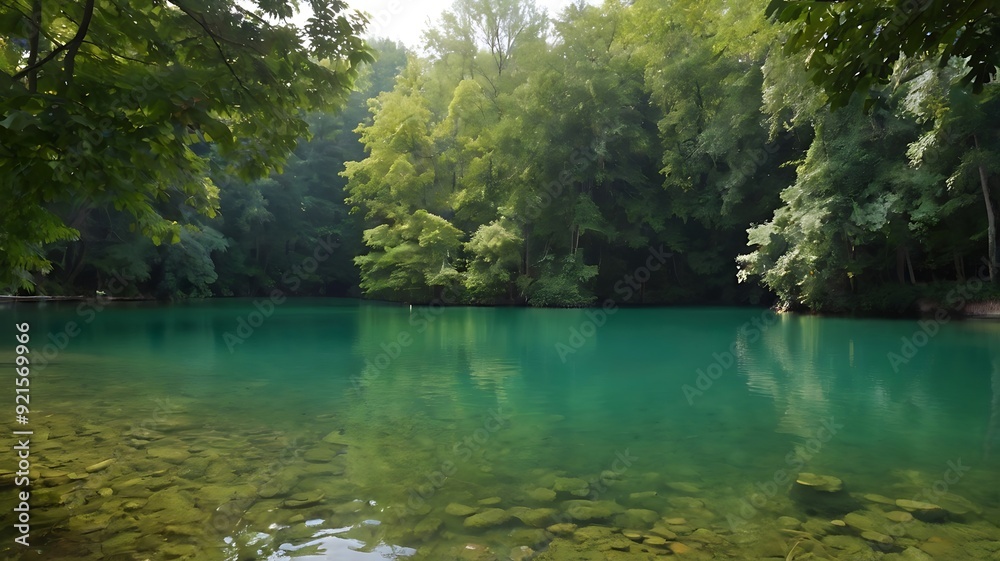 lake with clear, green water and trees on the shore. lake with clear, green water and trees on the shore.