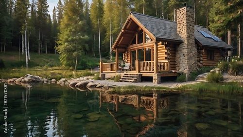 wooden cabin with a lake in front of it