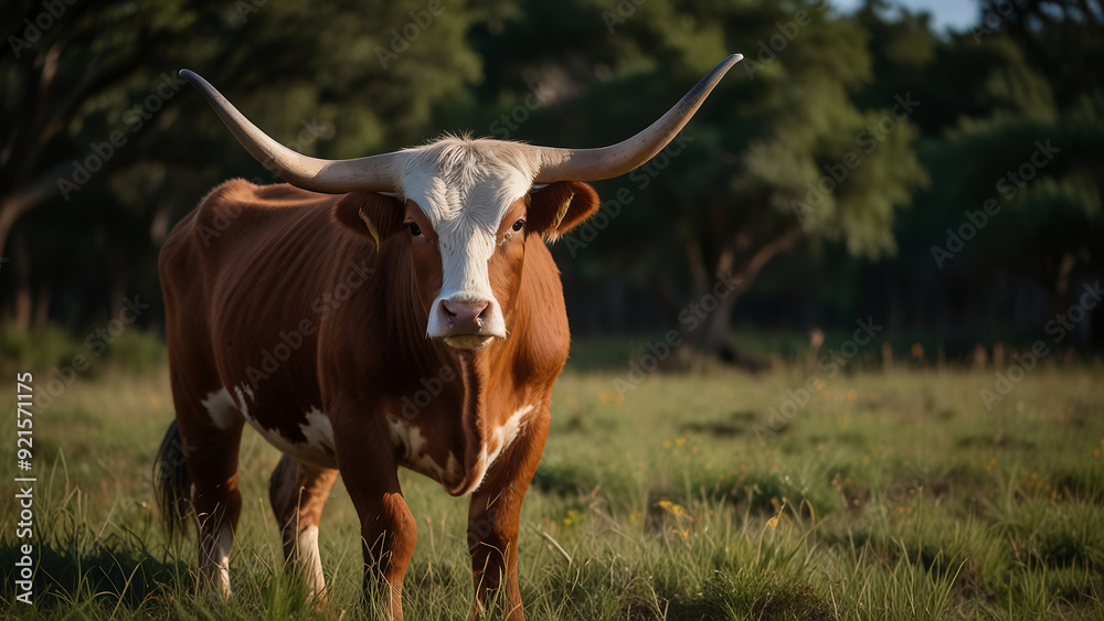 A texas longhorn cow standing on the grass at the pasture A texas longhorn cow standing on the grass at the pasture