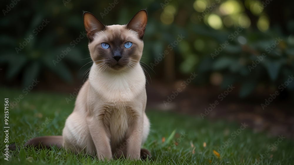 Tonkinese cat sitting outside on the grass looking forward Tonkinese cat sitting outside on the grass looking forward