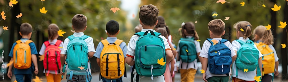 A joyful group of school children wearing colorful backpacks