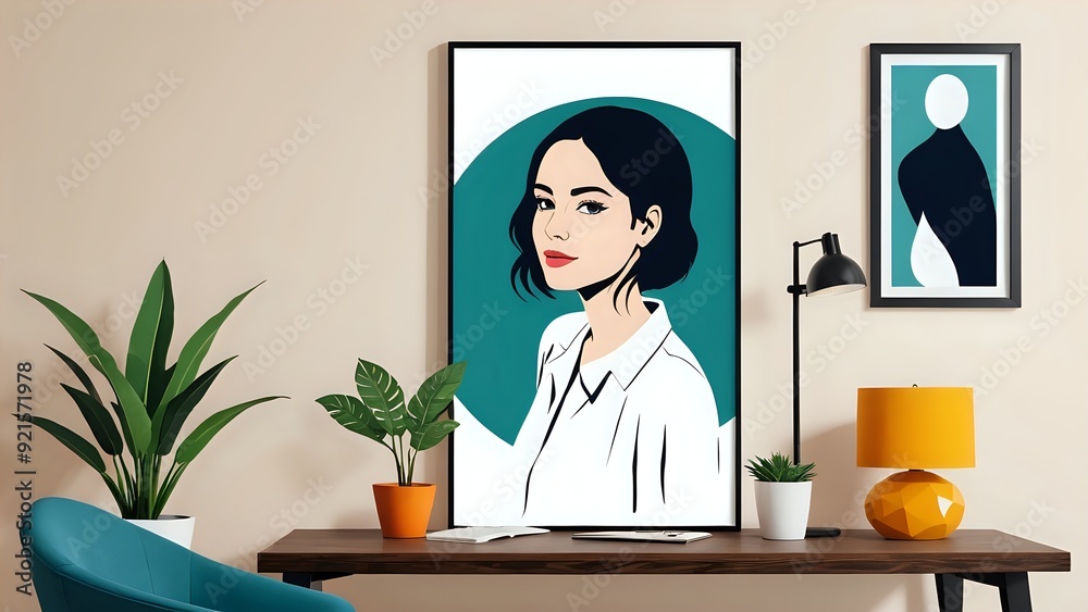 Modern interior design with a framed illustration of a woman in a teal circle on the wall, a potted plant on a desk, and a table lamp. Modern interior design with a framed illustration of a woman in a teal circle on the wall, a potted plant on a desk, and a table lamp.